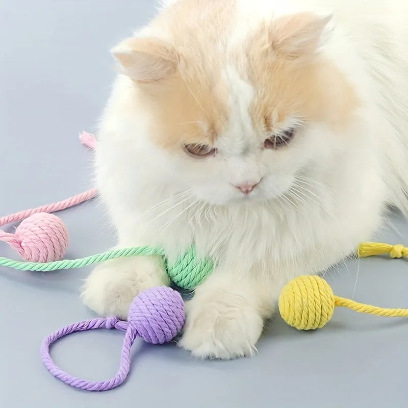 Cat toy ball with rope attached in green, pink, purple, or yellow colours with internal bell