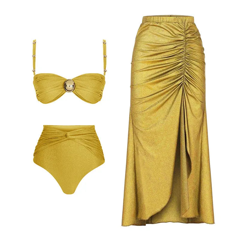 Women's high-waist two-piece bikini swimsuit set with a skirt in green or yellow nylon.