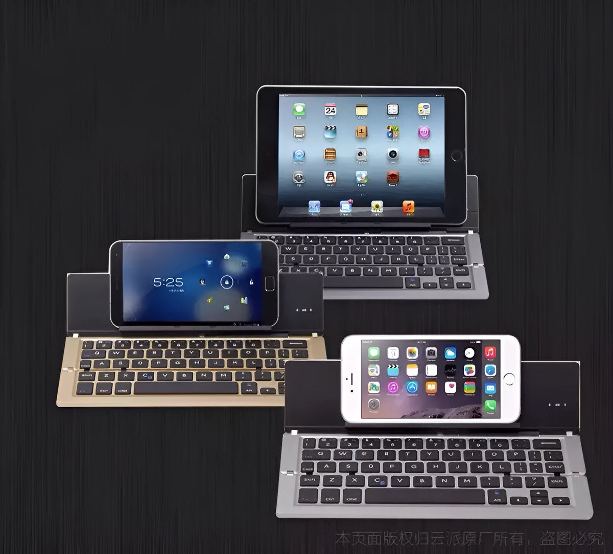 Slim aluminium foldable Bluetooth keyboard compatible with Apple iPad, iPhone, and Android tablets