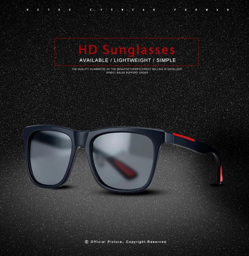 Men's photochromic square sunglasses with UV400 protection and resin lens in black with red edge