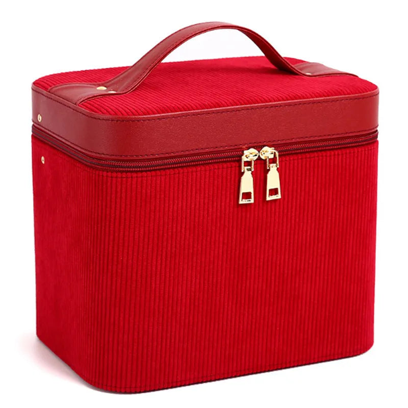 Corduroy cosmetic storage case with portable handle in multiple colour options