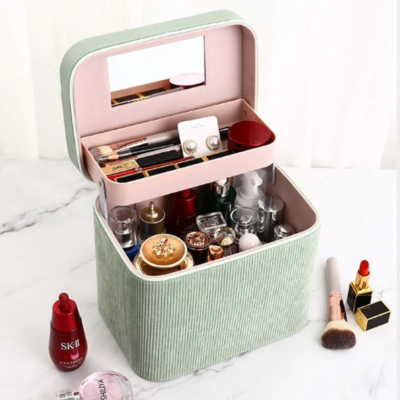 Corduroy cosmetic storage case with portable handle in multiple colour options