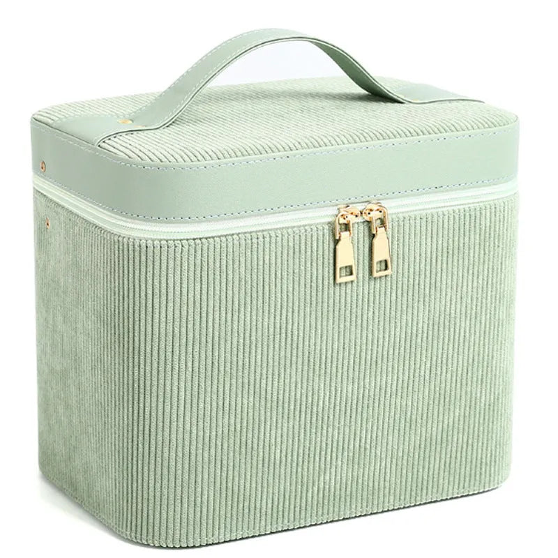 Corduroy cosmetic storage case with portable handle in multiple colour options