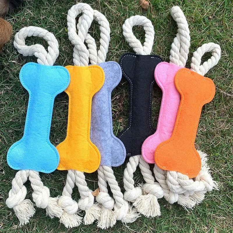 Bone-shaped dog chew toy with rope knot design in felt fabric, available in multiple colours