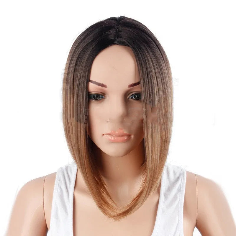 Short ladies wig cover in black brown gradient gradient colour, 13 inch length on stand