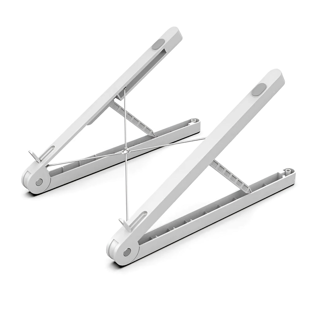 Folding plastic laptop stand desktop rack in white on a desk