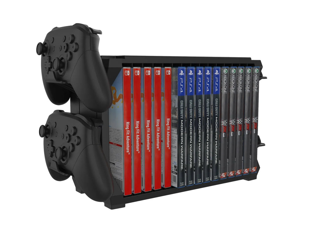 Black ABS plastic game disc and controller storage holder for PS5 and Xbox Series X consoles