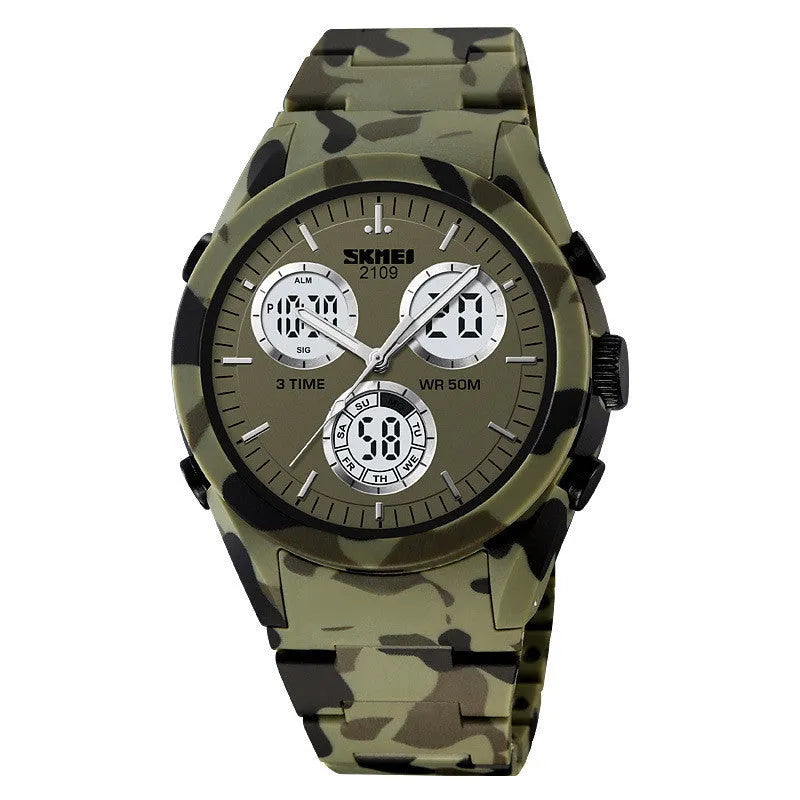 Electronic casual watch with camouflage pattern, resin crystal, and stainless steel button on TPU strap