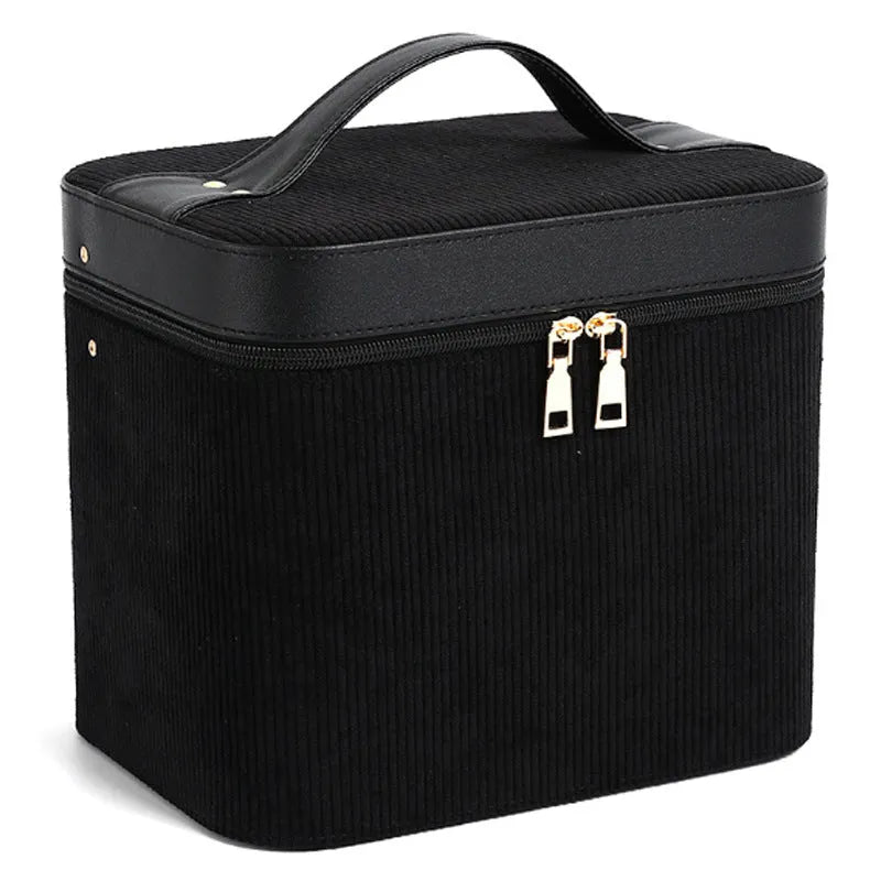 Corduroy cosmetic storage case with portable handle in multiple colour options