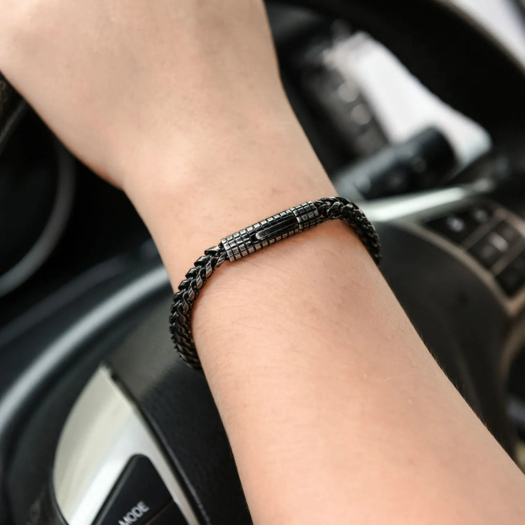 Custom stainless steel vintage mens bracelet with retro colour finish, 22.3 cm length, 30 g weight, on neutral background