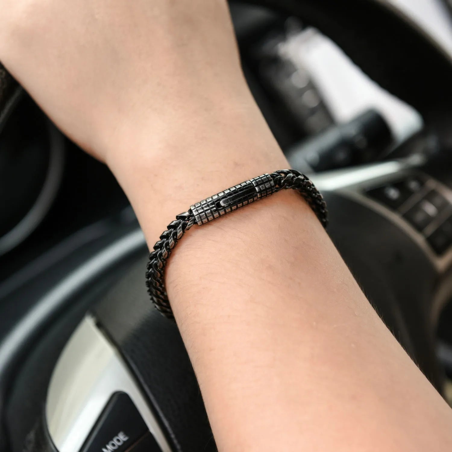 Custom stainless steel vintage mens bracelet with retro colour finish, 22.3 cm length, 30 g weight, on neutral background