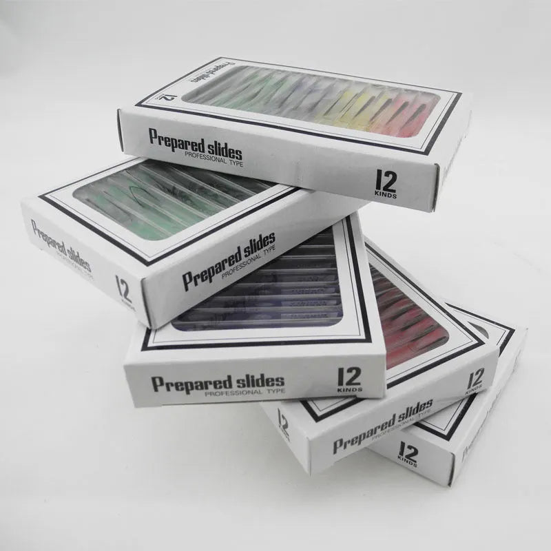 48 plastic educational microscope slides with plant and animal specimens in red, green, yellow, blue boxes.