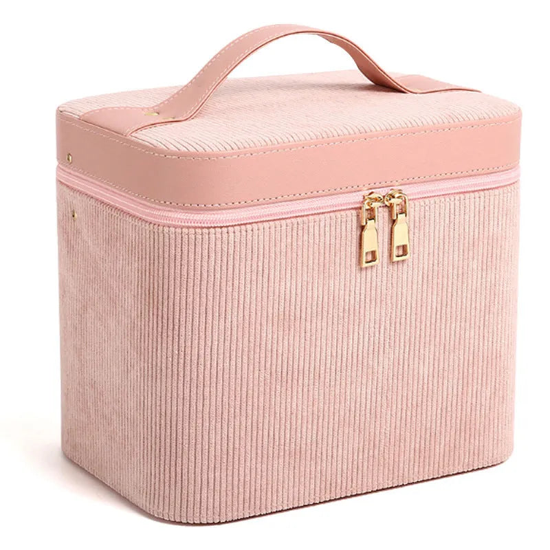 Corduroy cosmetic storage case with portable handle in multiple colour options