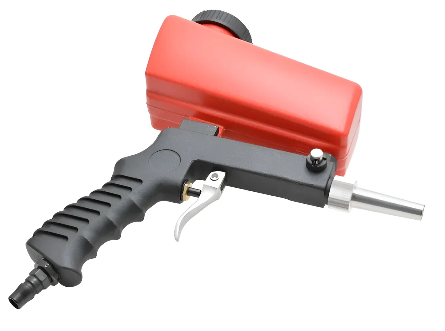 Portable black pneumatic sandblasting gun with gravity feed tank for rust removal and descaling work.