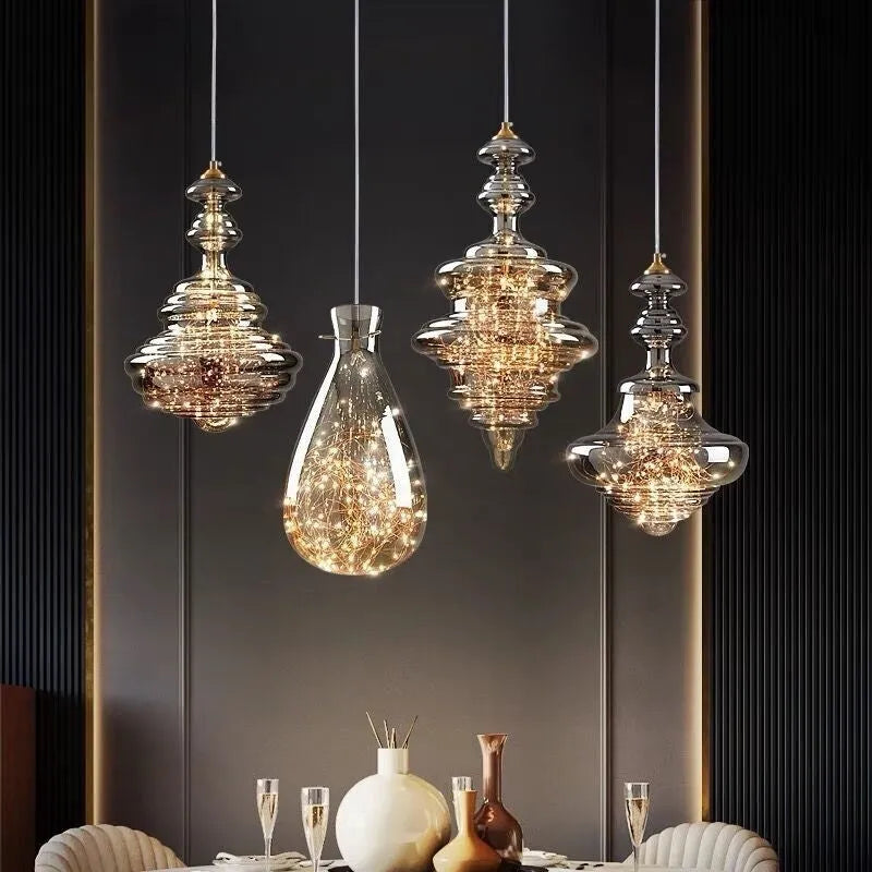 Modern glass chandelier ceiling lamp with adjustable drop length in contemporary simplicity style