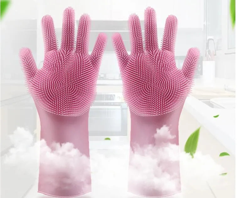 A pair of blue silicone cleaning gloves with a textured sponge-like surface for scrubbing.