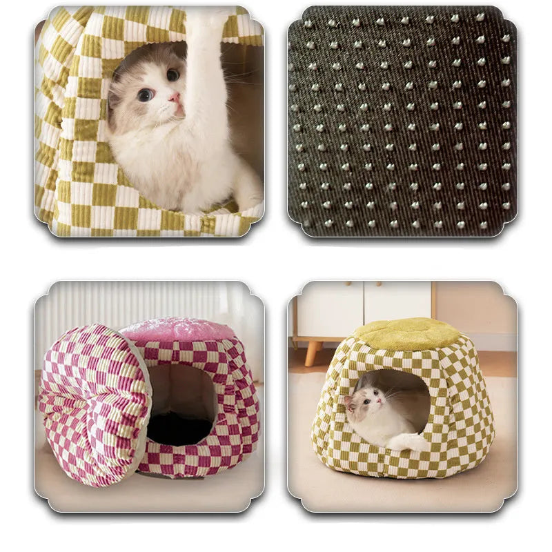 Warm closed cat and small dog house, 48 x 48 x 33 cm, drawing flannel and PP cotton, green or pink