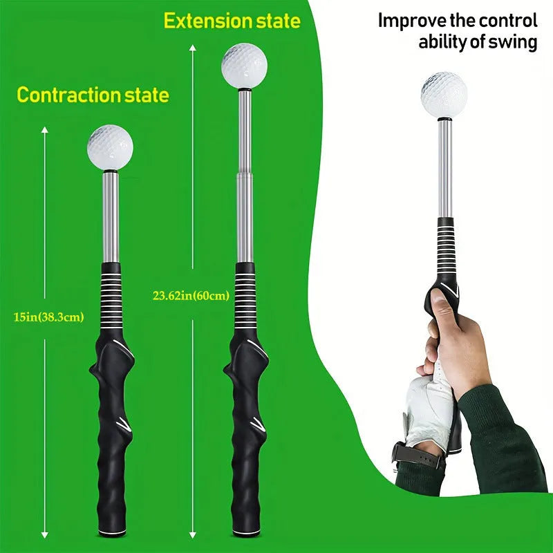 A telescopic golf swing simulator trainer in stainless steel, shown in black, blue, and red colour options.