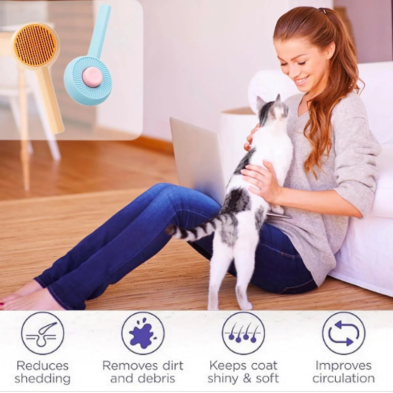 Blue self-cleaning pet grooming brush with angled metal needles and massage particles
