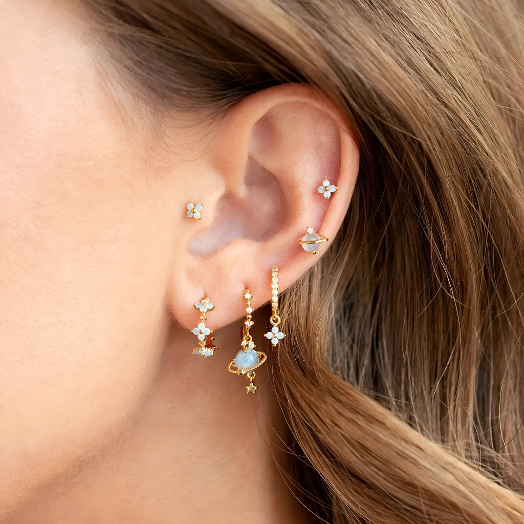 Gold or silver Japanese Korean style flower ear studs with zircon mosaic geometric design