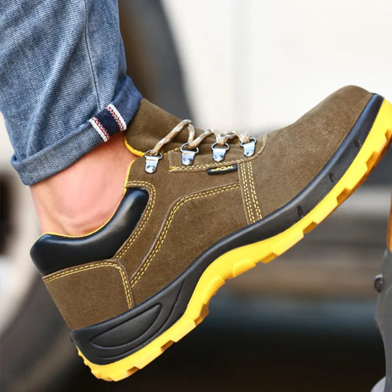 Bronze cow suede leather steel toe safety boots with anti-skid sole for workplace protection