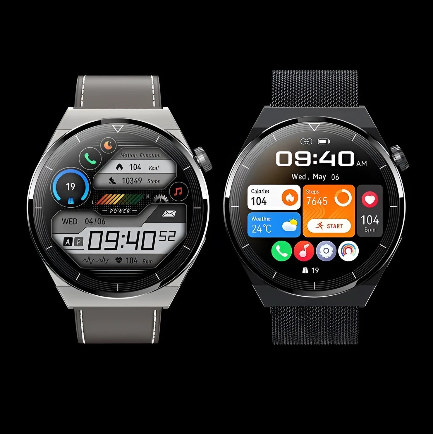 Round Android smart watch with black silicone strap showing Bluetooth and NFC functions
