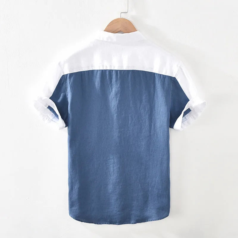 Men's white linen patchwork short sleeve shirt with square collar and loose cardigan-style fit, sizes M to 3XL.