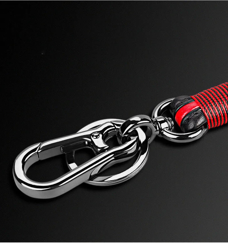 Handmade leather keychain with plastic ring in gun black and red colour option, with key cover