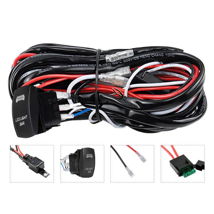 Black 2 metre off road LED spotlight wiring harness with integrated switch and one lamp