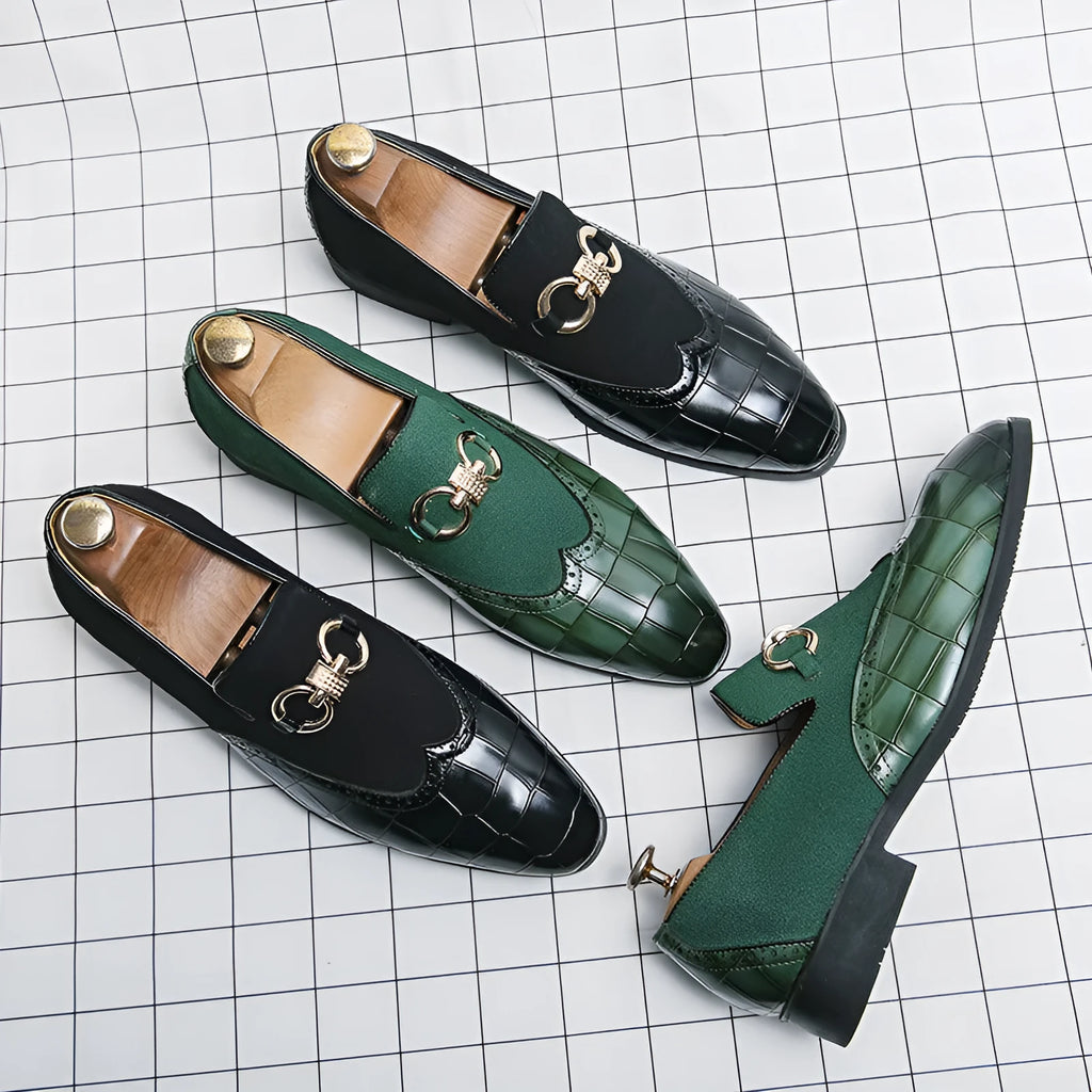 Men's black pointed toe leather shoes with low top design and visible sewing line detailing on artificial PU upper