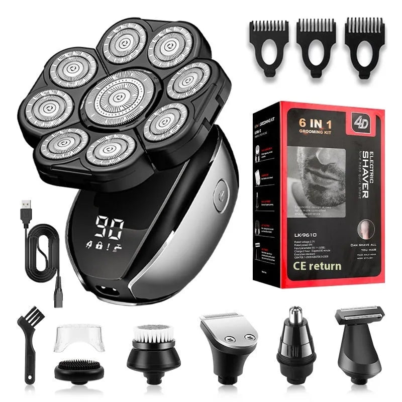 Black 6-in-1 multifunctional hair clipper set with USB charging and floating cutter head attachments