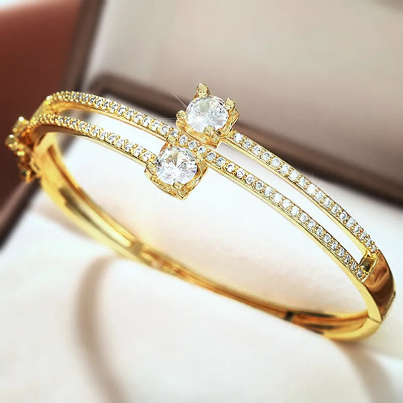 Women's fashion multi-layer copper bracelet with inlaid zircon stones, casual style, colour option shown