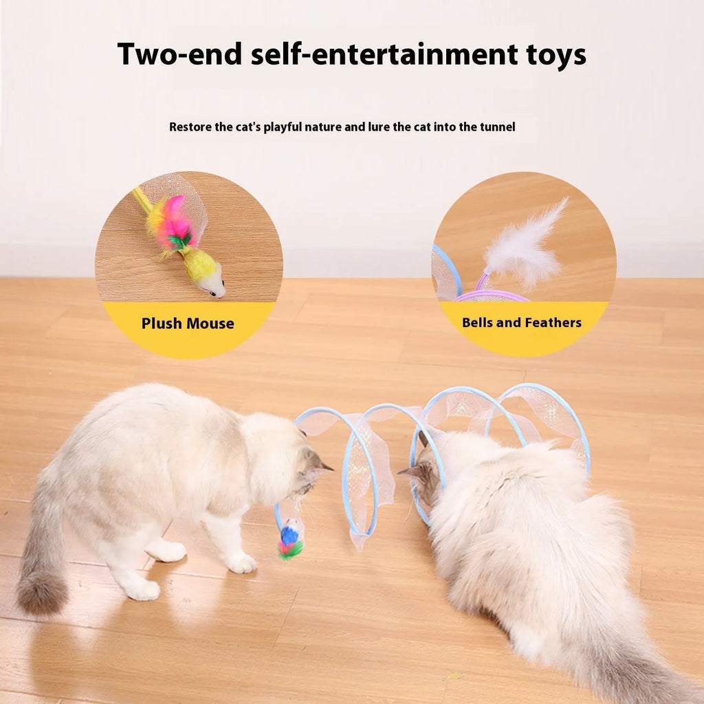 Bendable S-type cat tunnel toy with elastic net and feather lures on a flexible steel wire frame.