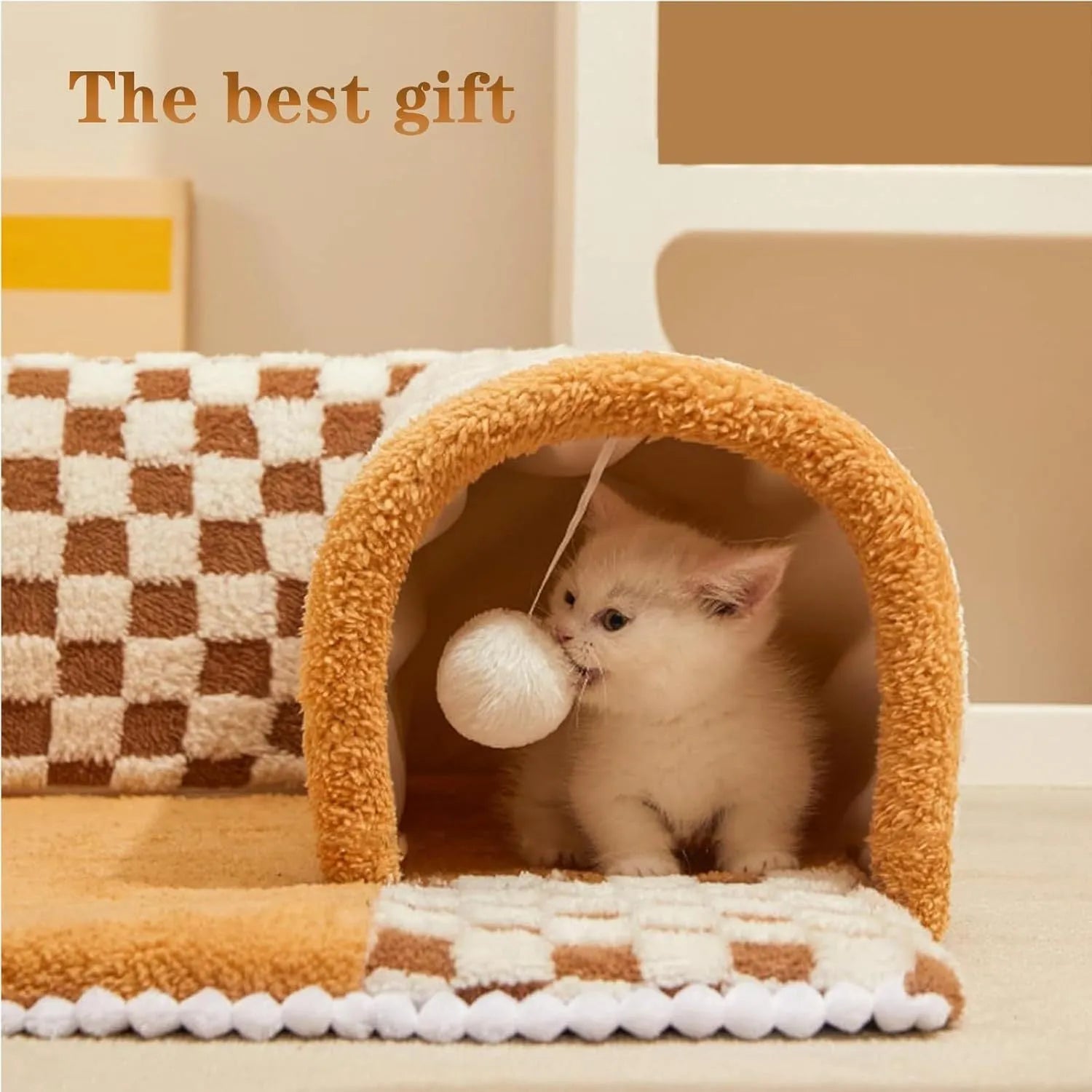 Plush plaid cat tunnel bed with central mat in brown or yellow, XL size 80cm