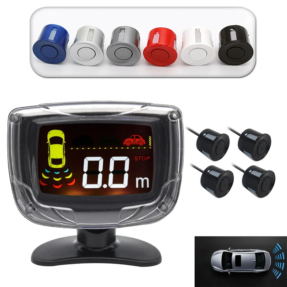 Wireless vehicle reversing sensor kit with 4 probes, control unit, and LED display with distance indicators