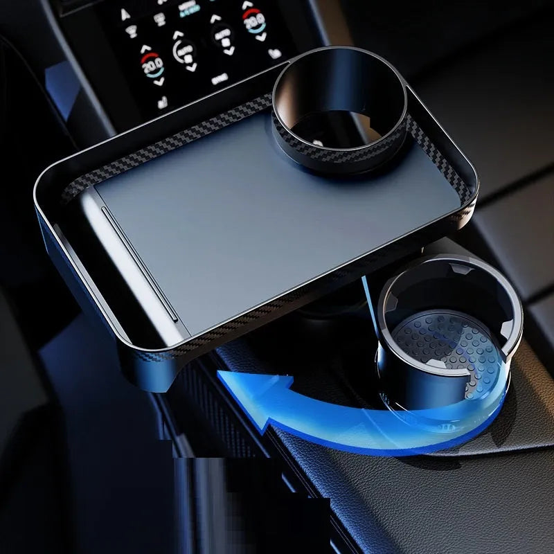 Black ABS plastic car cup holder with rotating dinner tray platform