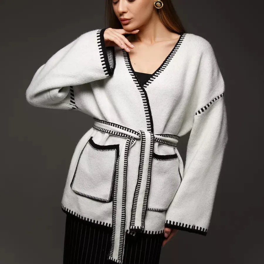 Loose fit knitted cardigan in imitation cashmere fabric, available in black, camel or white colour
