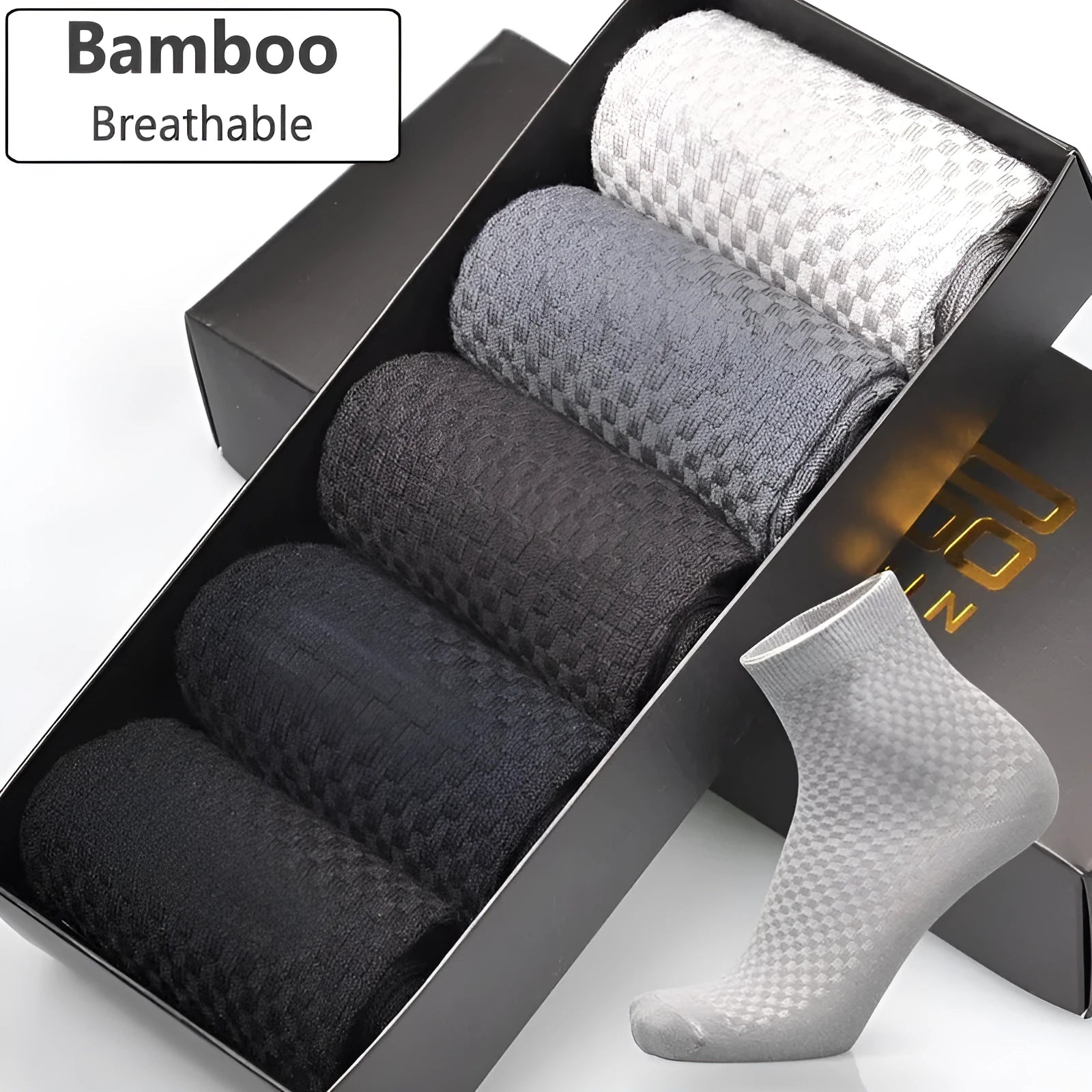 Men's bamboo fibre business socks with small square pattern in black, grey blue, iron grey, navy blue, and silver grey.