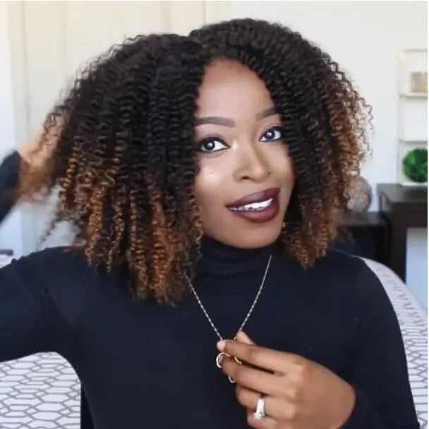 Short curly wig made of high temperature silk with long bang in black gradient brown colour on a wig stand