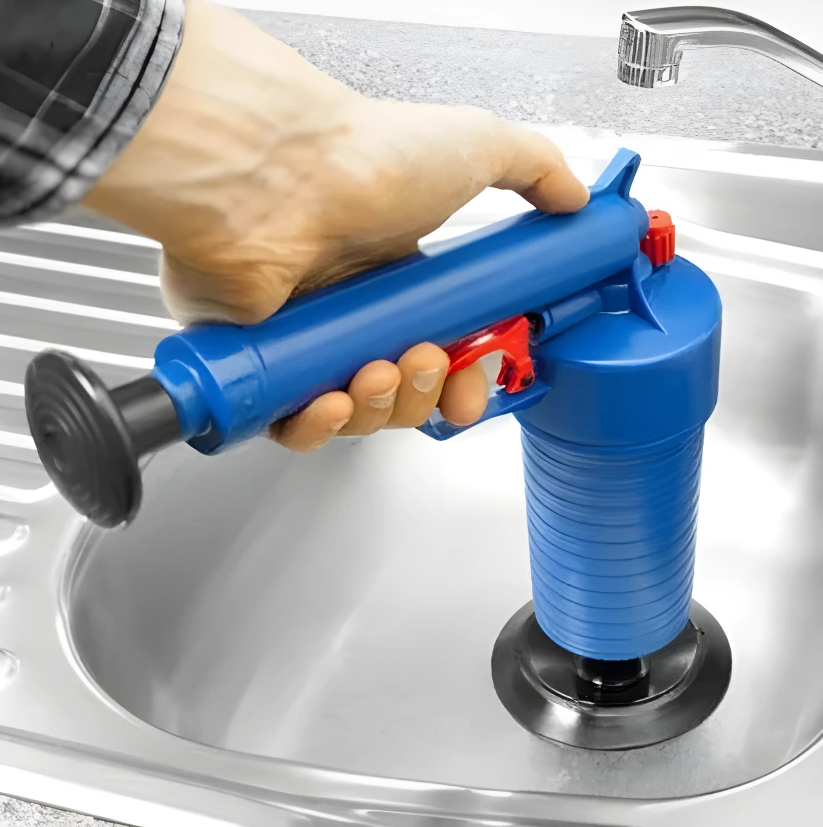 Air Power Drain Blaster Gun high-pressure plunger with four coloured adaptors for sinks and toilets