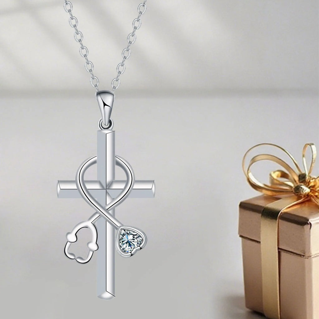 Copper cross stethoscope pendant necklace on cross chain for women