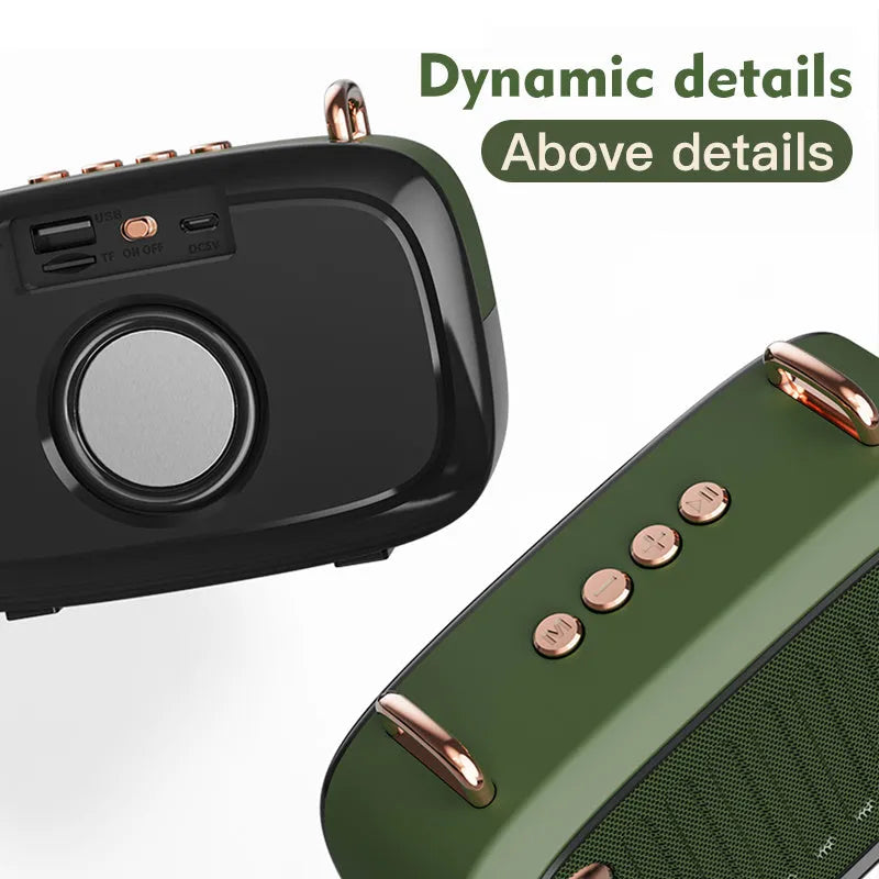 Compact portable Bluetooth subwoofer speaker in black, blue, green, grey or orange with USB port and control buttons