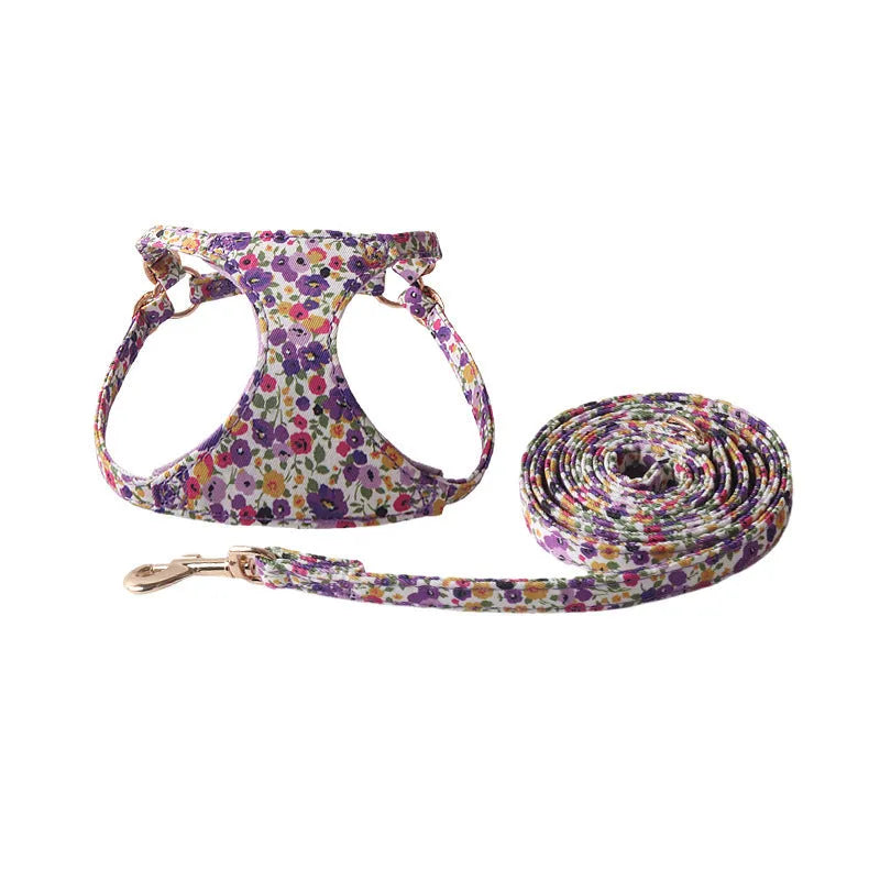 Floral dog harness and leash set in cloth material with single chest back design