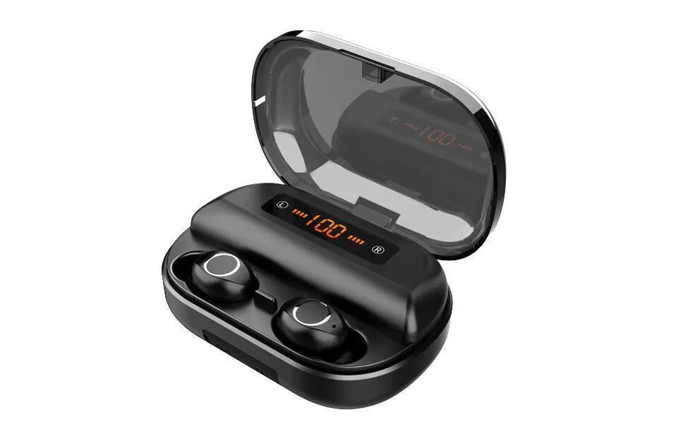 Wireless Bluetooth headset earbuds in black with battery display and stereo sound