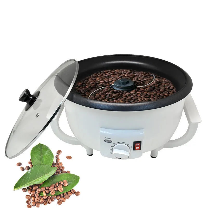 White oblate coffee bean roasting machine with 225mm base for home use.