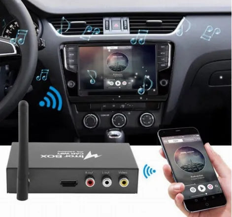 Black car Wi-Fi mirror link box with power cable, AV cable, antenna, and user manual for screen mirroring.