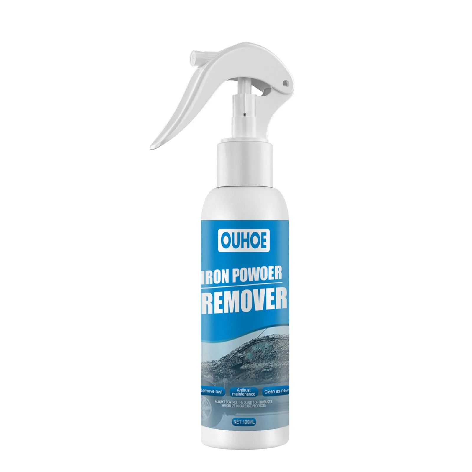 Car iron remover spray bottle in 30ml and 100ml sizes with blue square sponge applicator
