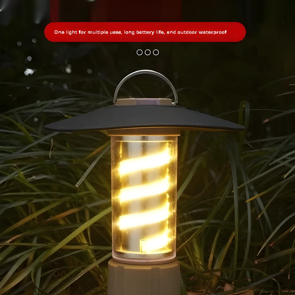 Camping lamp in khaki or army green with USB charging, 3W LED light source, plastic and aluminium alloy body, 125x45cm.