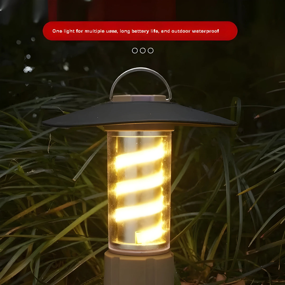Camping lamp in khaki or army green with USB charging, 3W LED light source, plastic and aluminium alloy body, 125x45cm.