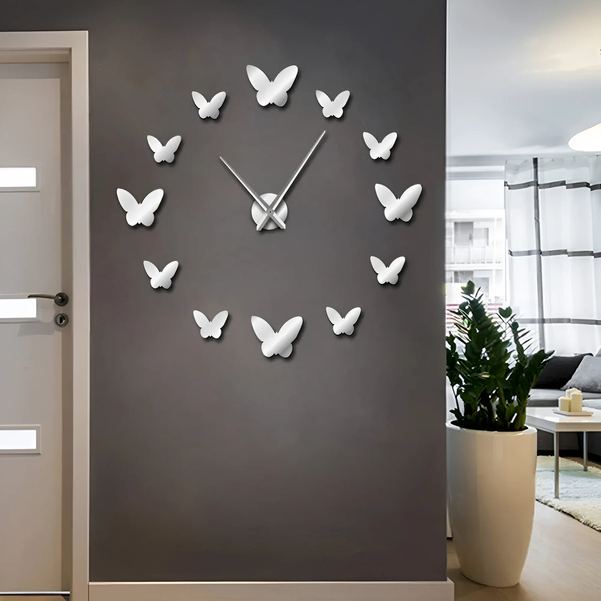 Round 3D mirror wall clock with butterfly design in Scandinavian style for living room
